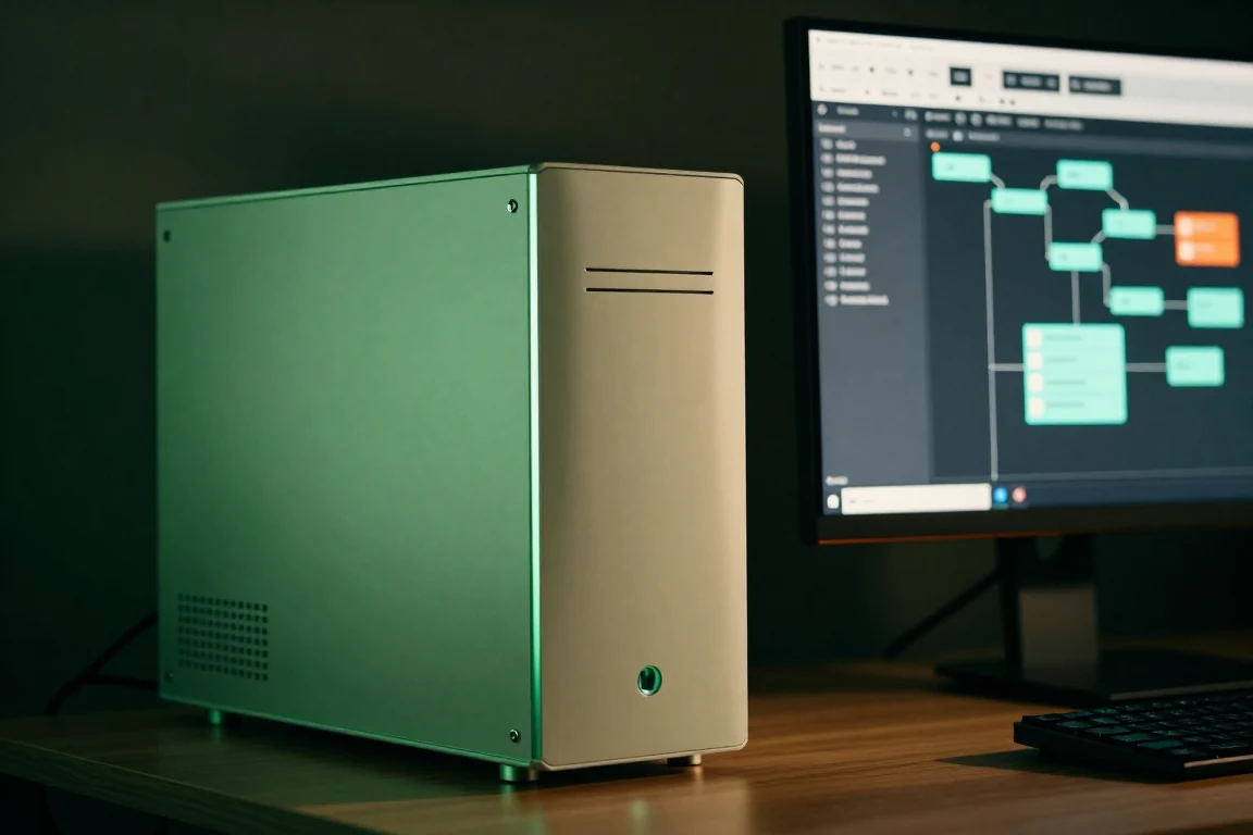 An automation workflow graph on a monitor beside a compact workstation tower lit green
