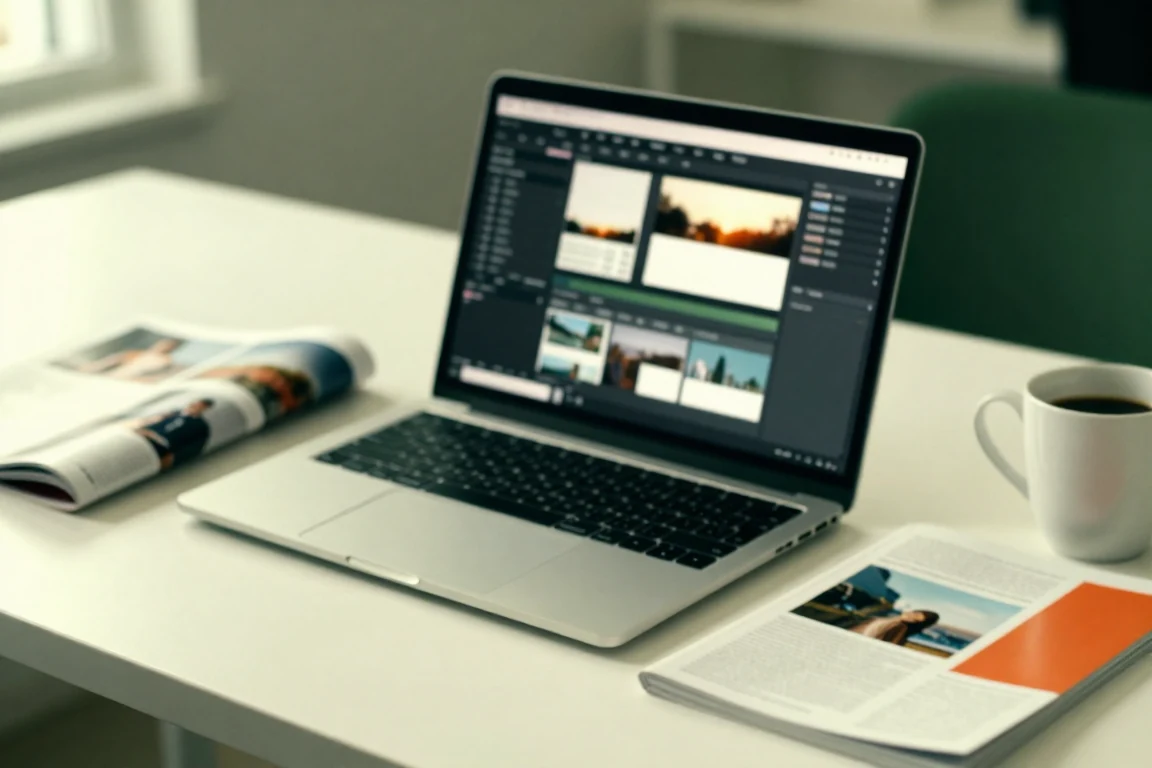 A content editor open on a laptop beside printed magazine layouts
