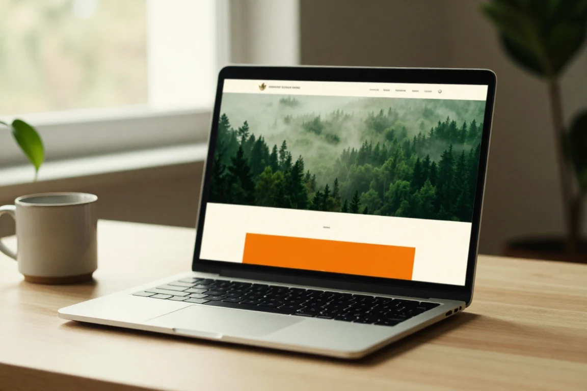 A corporate website with a misty forest hero image, open on a laptop beside a mug