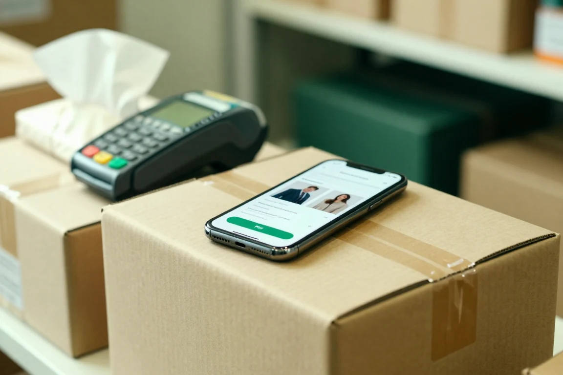 A phone showing an online store checkout on a shipping box, beside a card terminal