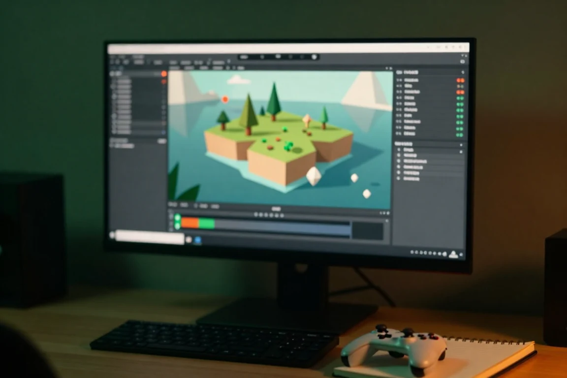 A game engine editor showing a low-poly island scene, with a controller on the desk