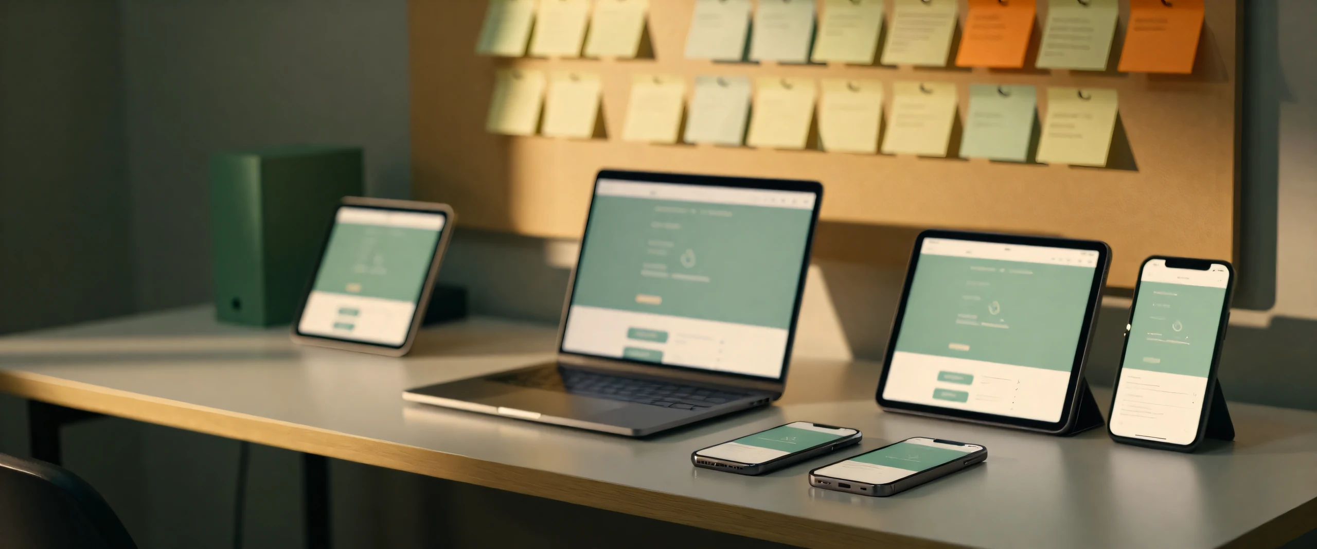 A laptop, two tablets and three phones on a workbench, every screen showing the same app