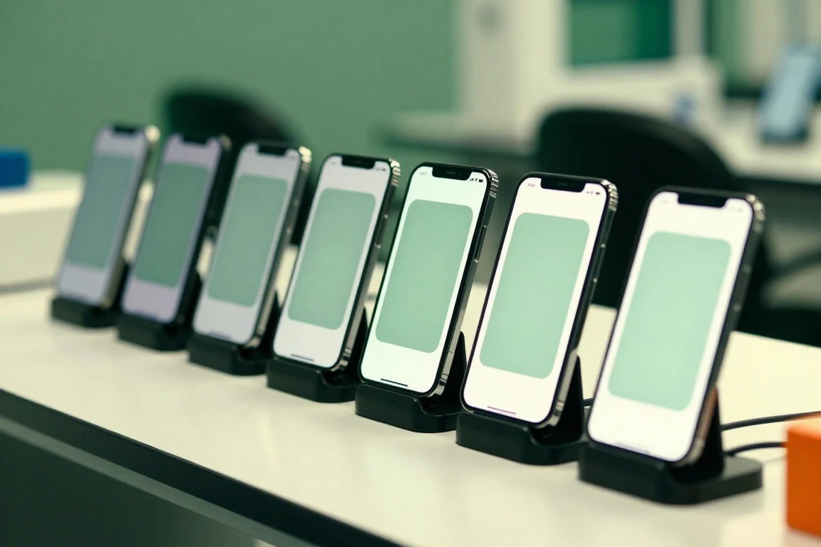 A row of test phones on charging stands, each showing the same app screen
