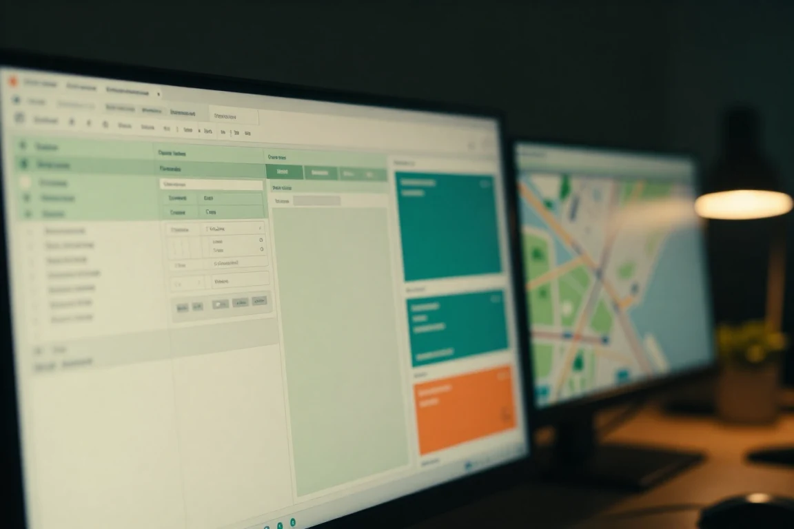 An operations portal with data tables and status tiles, a map open on the second monitor