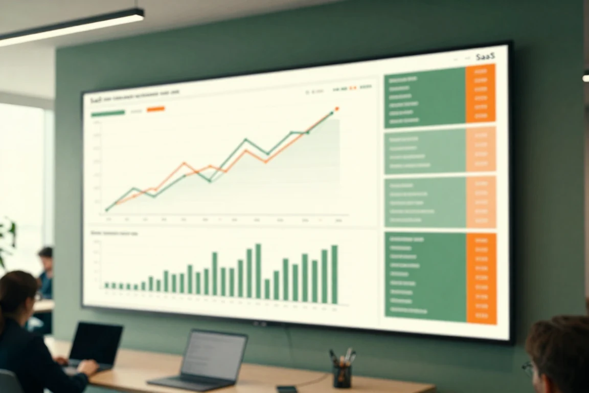 A software analytics dashboard on a large wall display above an office desk