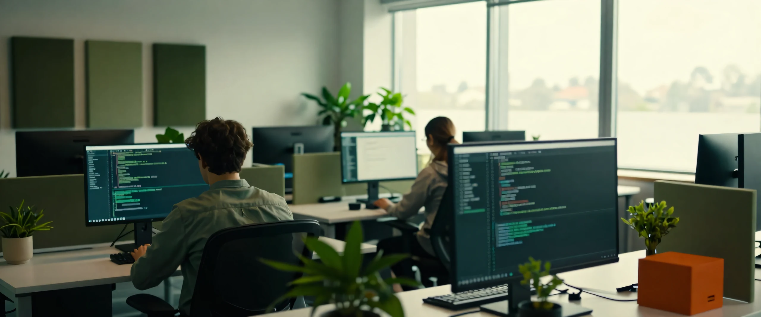 A bright software studio with monitors showing code, plants, and two people at work
