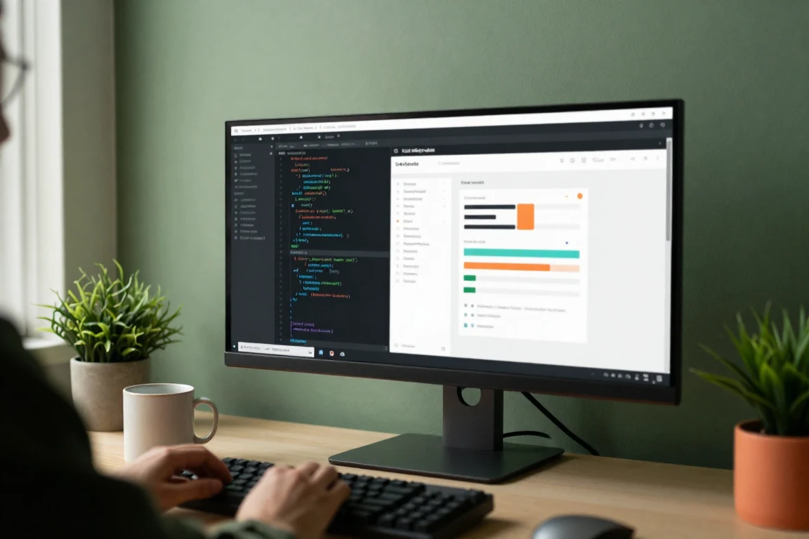 A developer workstation with code on one half of an ultrawide monitor and the running web app on the other
