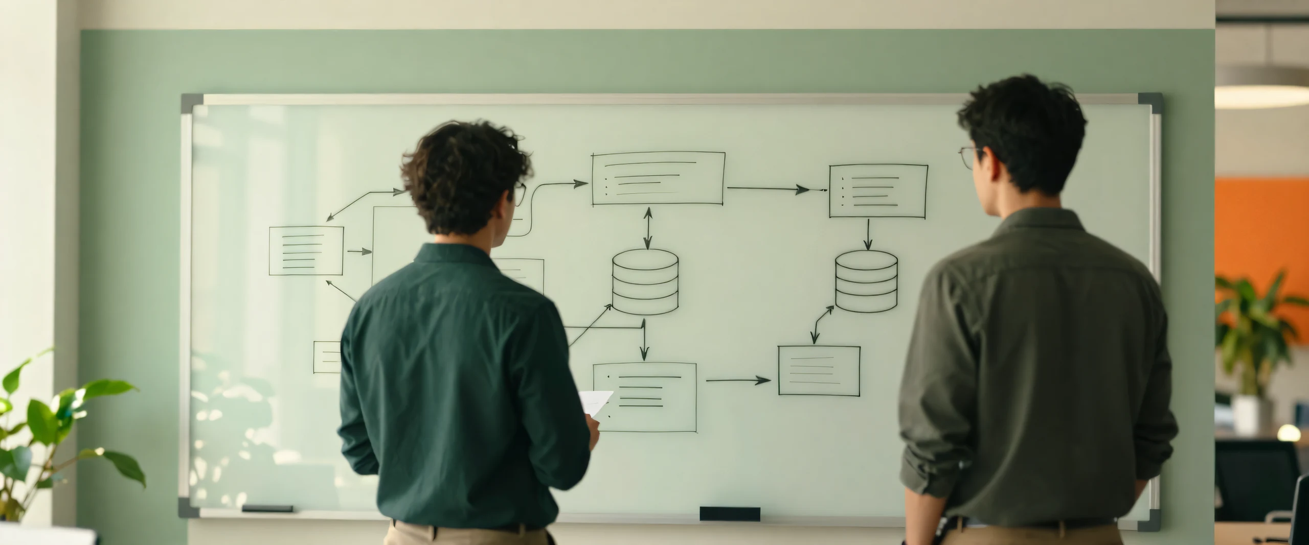 Two engineers at a glass whiteboard covered in system architecture diagrams