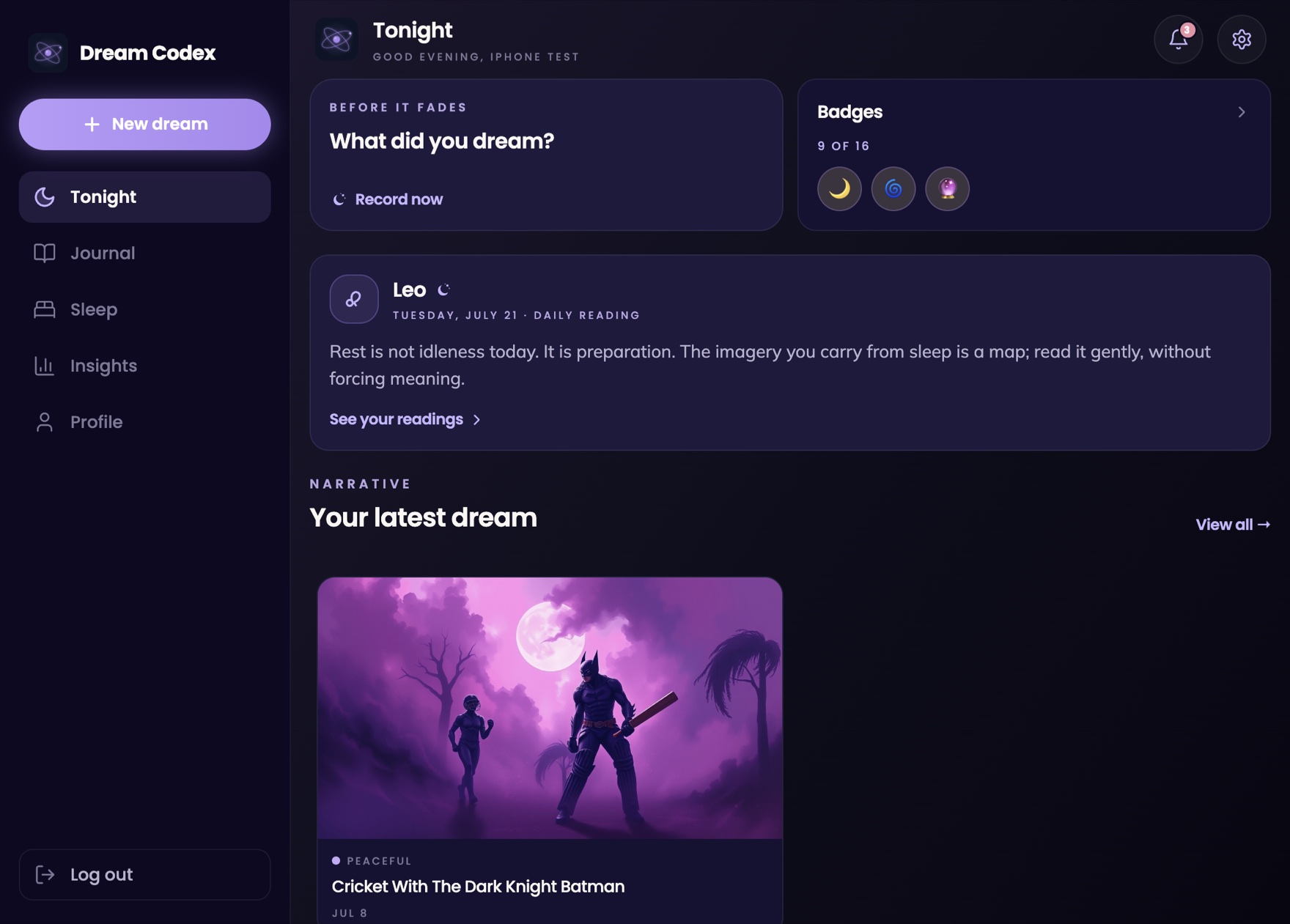 Dream Codex desktop app on Mac, showing the tonight screen