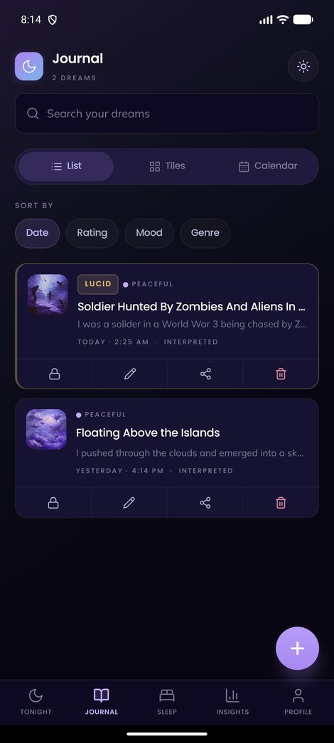 Dream Codex app showing dream journal screen